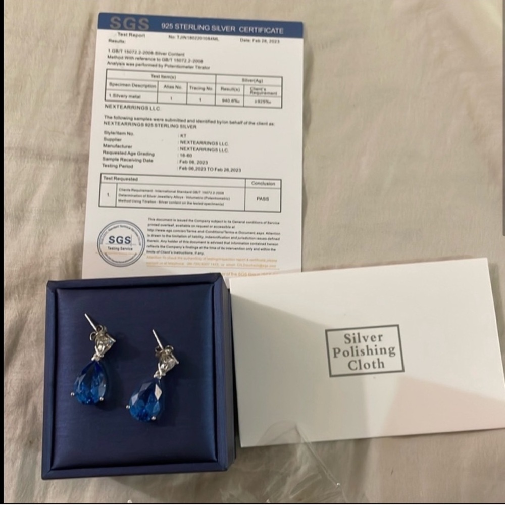 925 Sterling Silver Blue Gem Teardrop Earrings